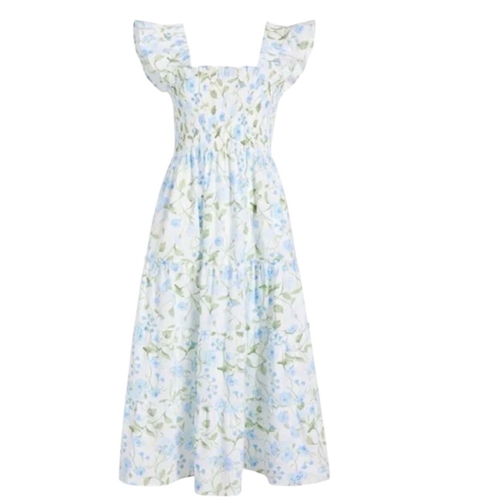 Hill House Home Ellie Nap Dress Blue Green Peony Bouquet Smocked Tiered XXXS - Picture 3 of 10